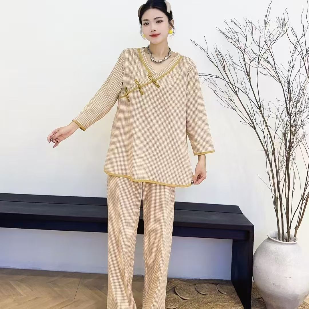 zp593-2025 New Oriental Style Plaid Print Pajamas Loose Set