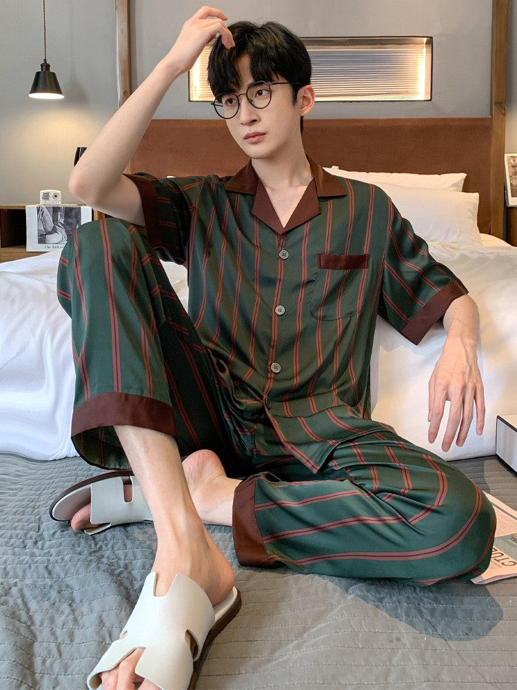 muu350-Men's summer thin ice silk short-sleeved trousers suit