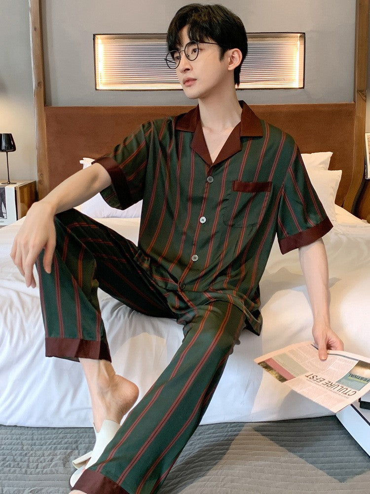 muu350-Men's summer thin ice silk short-sleeved trousers suit