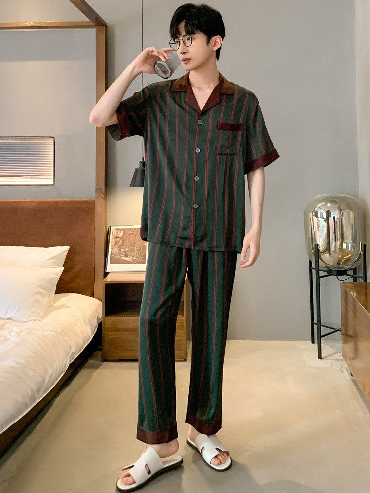 muu350-Men's summer thin ice silk short-sleeved trousers suit