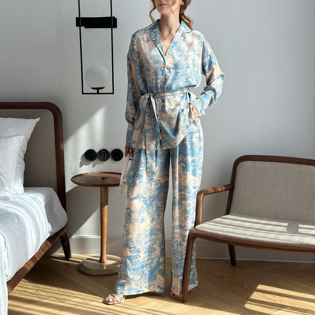 mvp10-Fashion French Print Long Sleeve Tie Shirt High Waist Wide Leg Pants Women's Suit