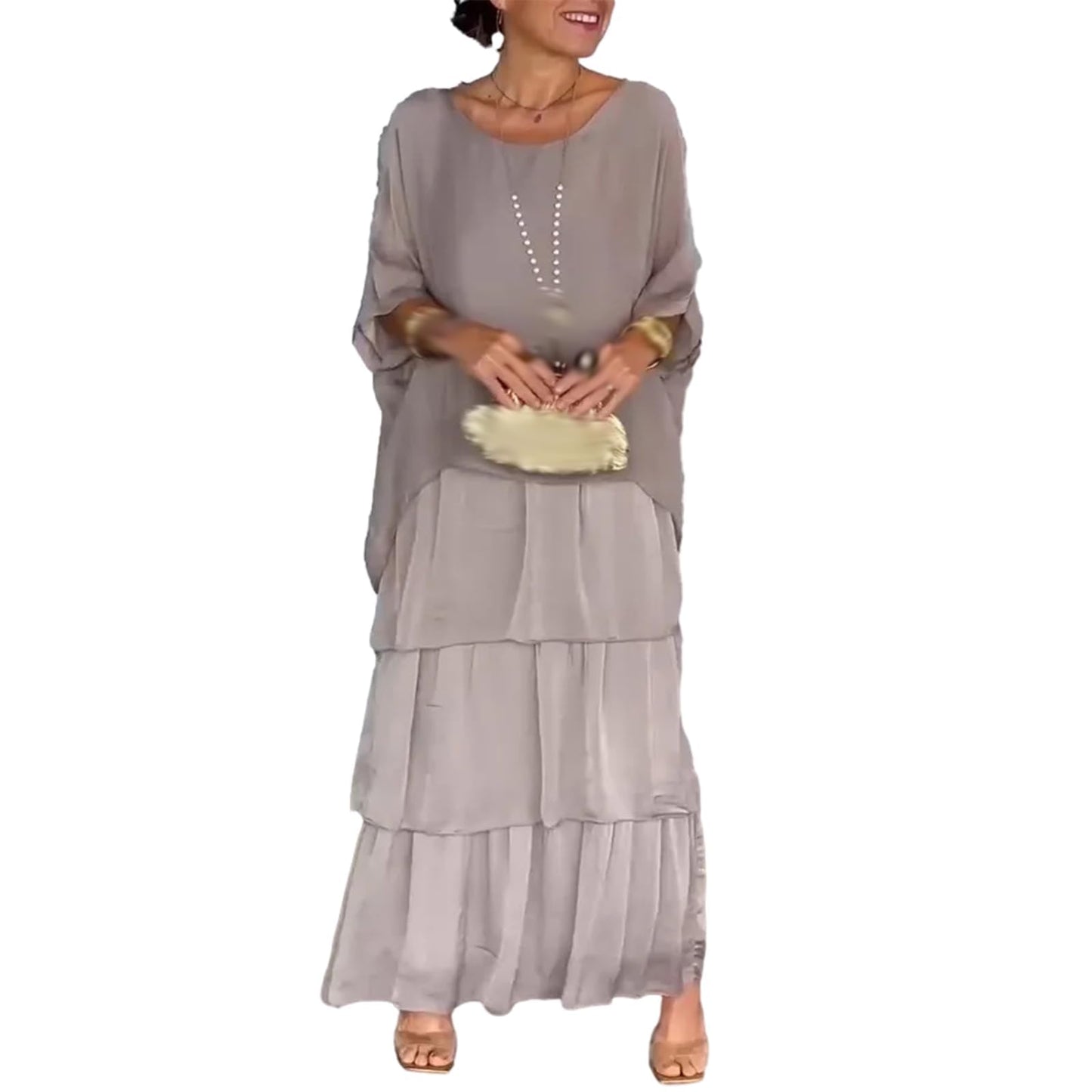 2024 European and American fashion new chiffon mesh bat sleeve round neck long dress