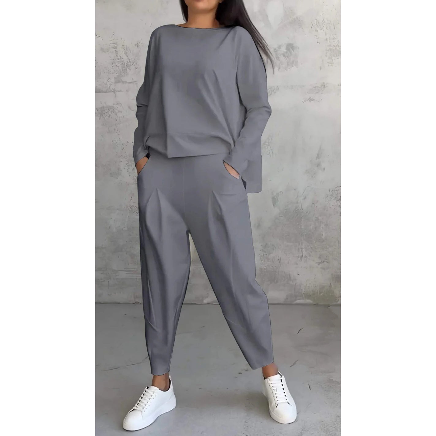 ae710-Women's solid color round neck long sleeve trousers suit