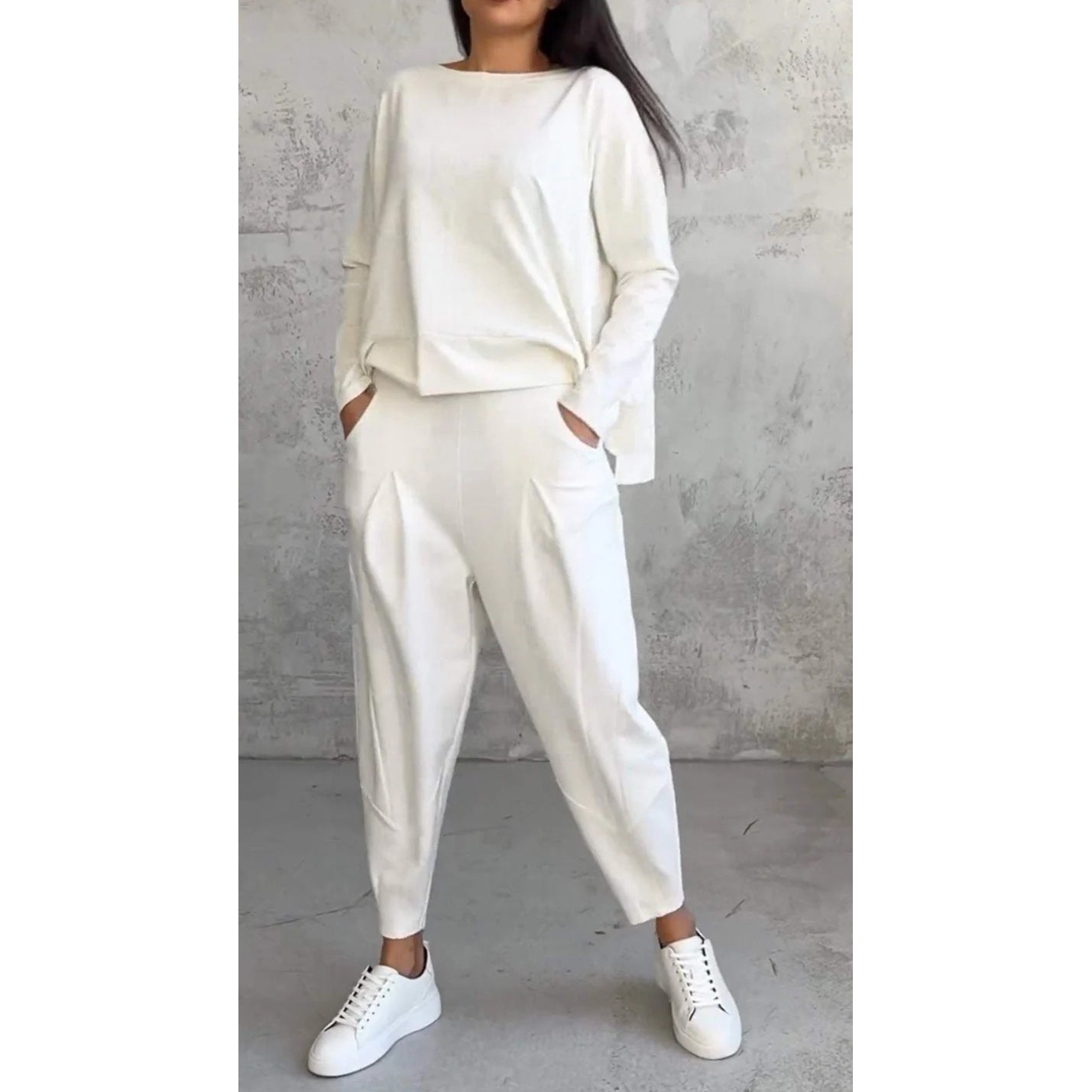 ae710-Women's solid color round neck long sleeve trousers suit