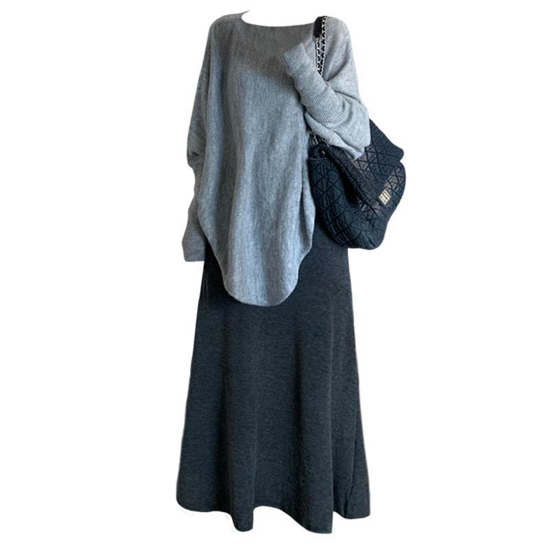 ae776-Women's Autumn Long Sleeve Knitted Sweater High Waist Skirt Two-piece Set