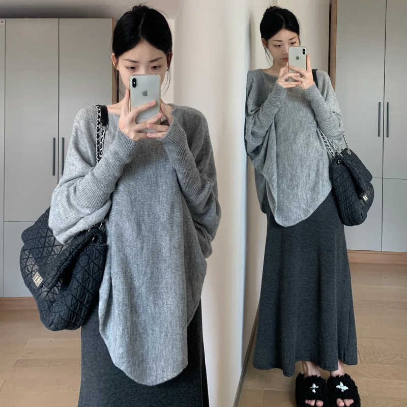 ae776-Women's Autumn Long Sleeve Knitted Sweater High Waist Skirt Two-piece Set