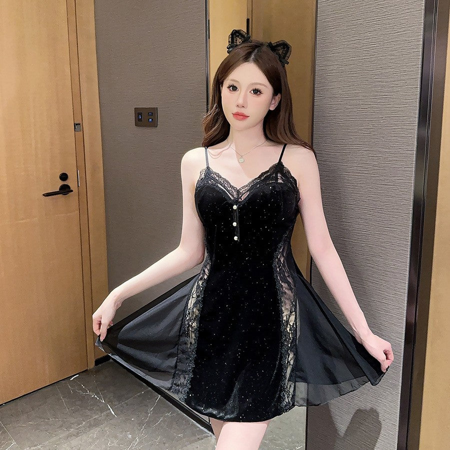 sa554-Gold Velvet Black Shiny Suspender Dress