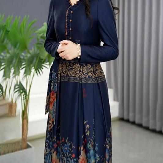 zp557-Fashionable patchwork print waist slimming long sleeve dress for women