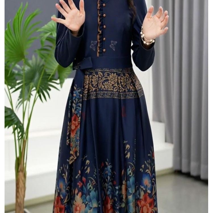 zp557-Fashionable patchwork print waist slimming long sleeve dress for women