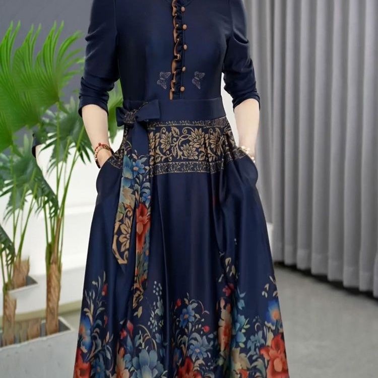 zp557-Fashionable patchwork print waist slimming long sleeve dress for women