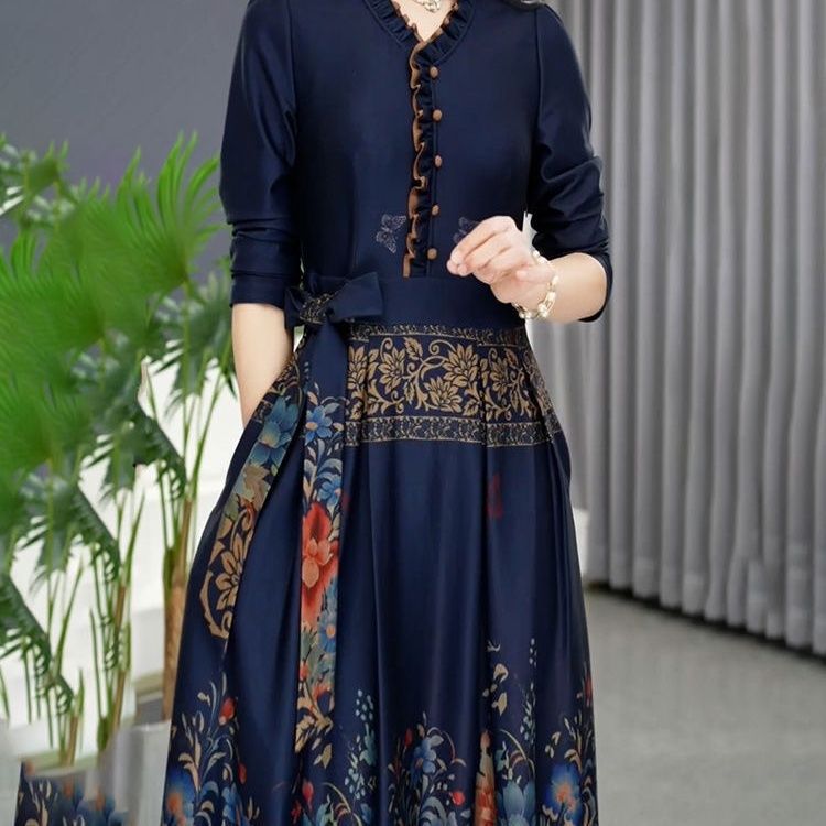 zp557-Fashionable patchwork print waist slimming long sleeve dress for women