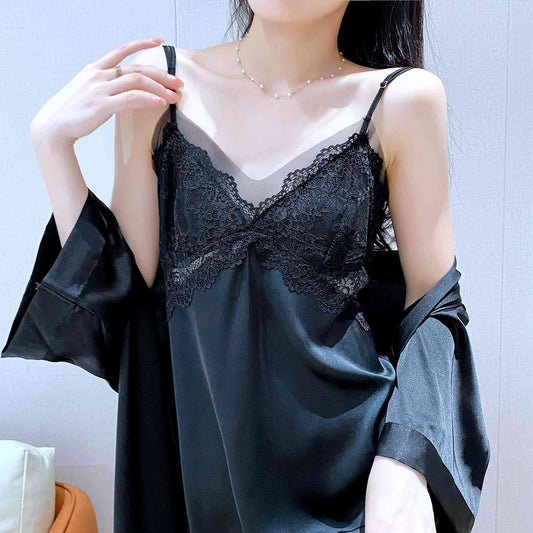zp561-Women's ice silk suspenders with breast pads nightdress