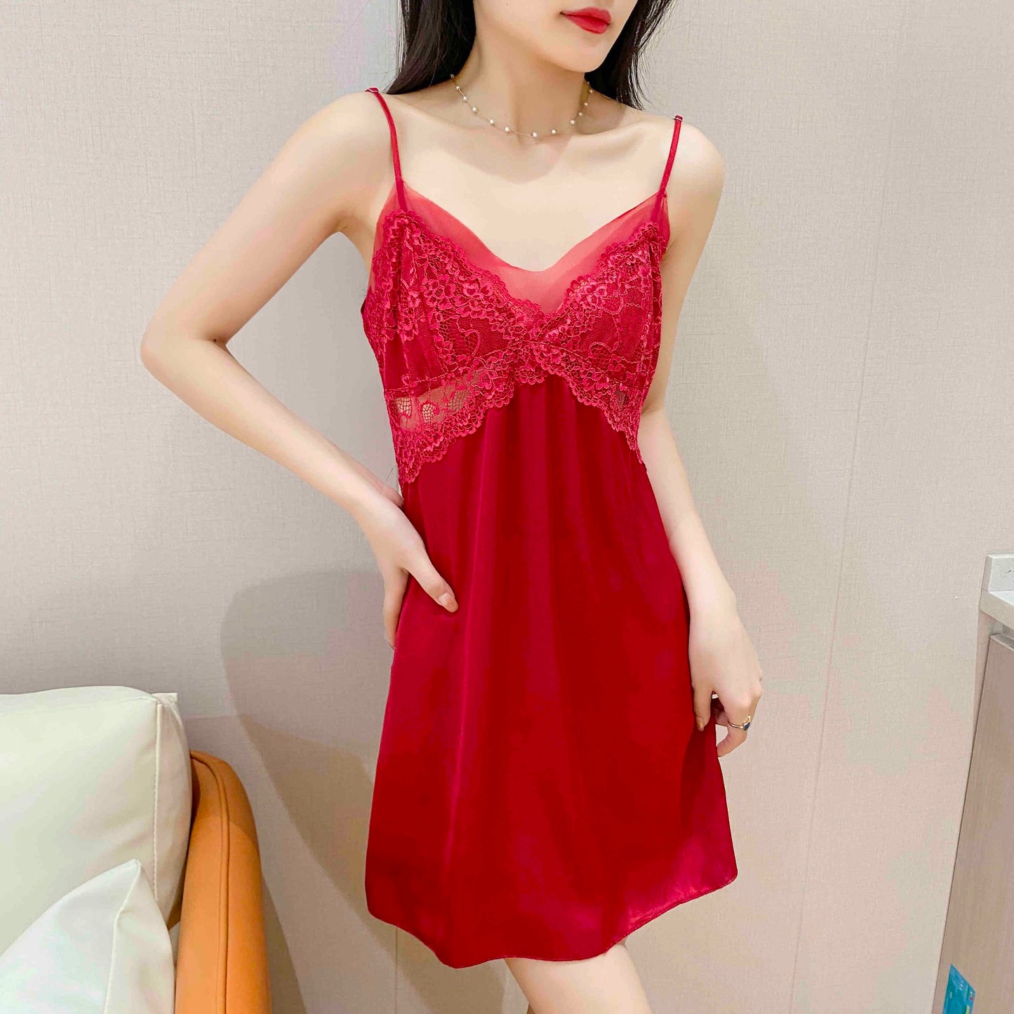 zp561-Women's ice silk suspenders with breast pads nightdress