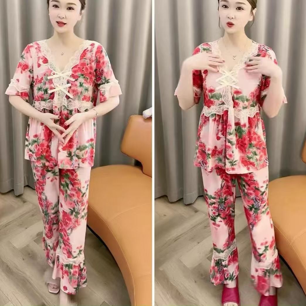 zp586-Ladies half-sleeve lace bow home wear suit