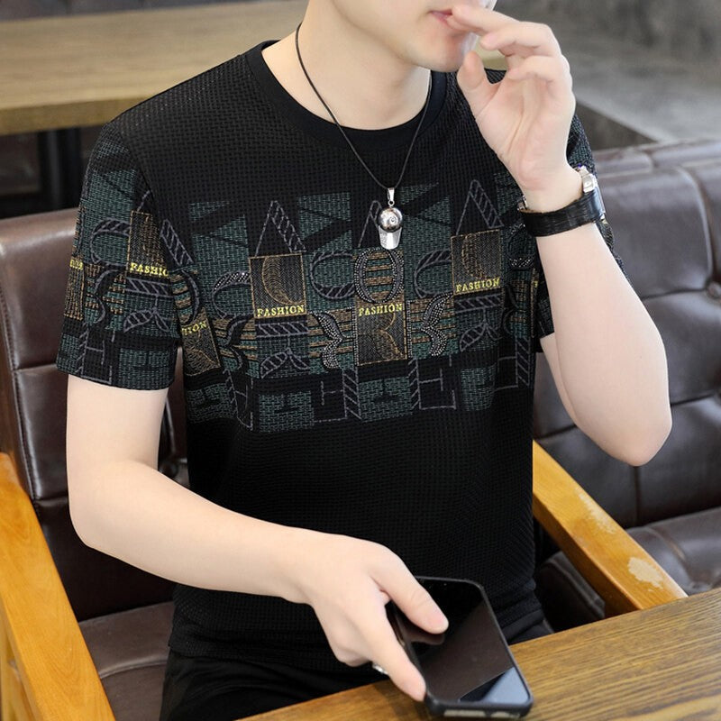 Summer Men's Ice Silk Short Sleeve Printed T-Shirt