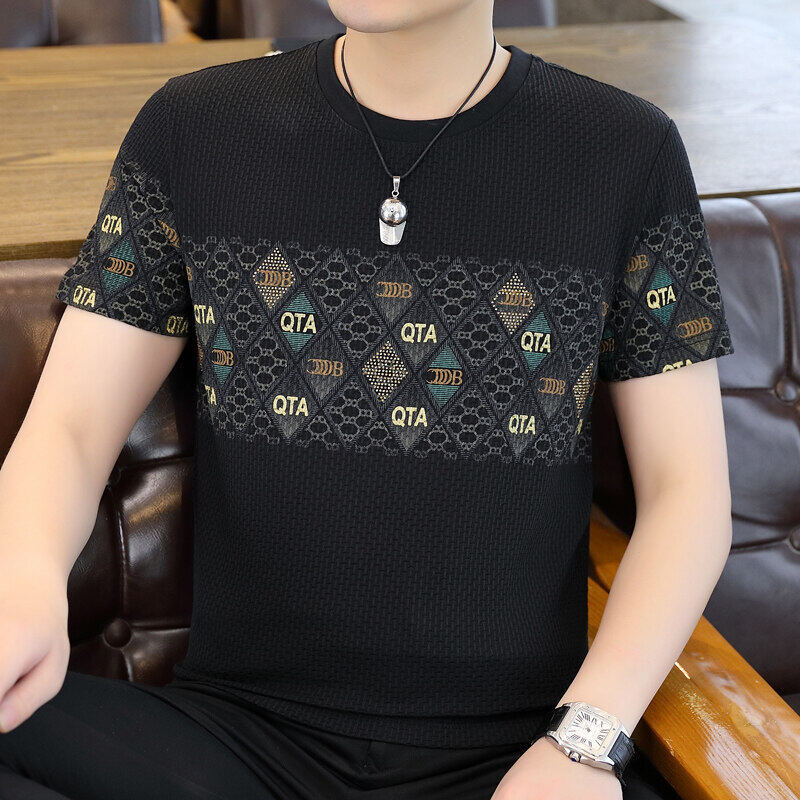 luu335-Men's casual round neck ice silk T-shirt