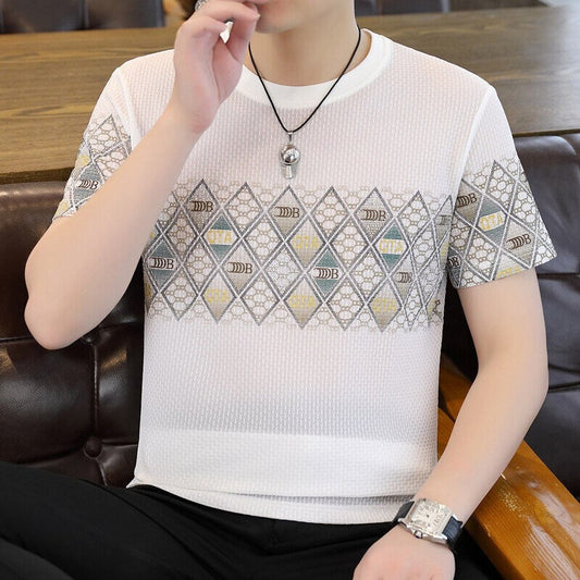 luu335-Men's casual round neck ice silk T-shirt