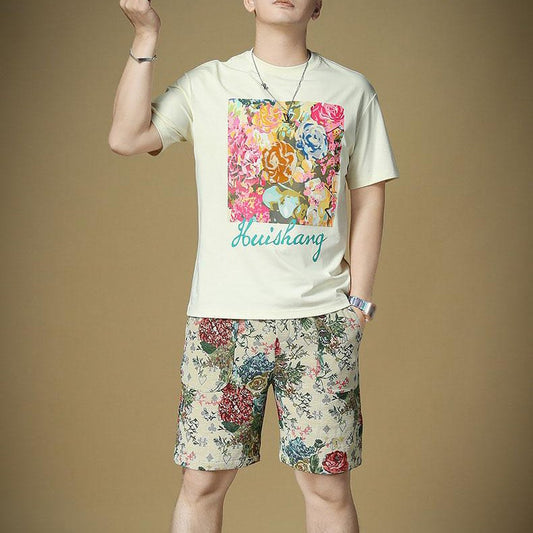Men's Fashion Printed Shorts and Short Sleeves Suit