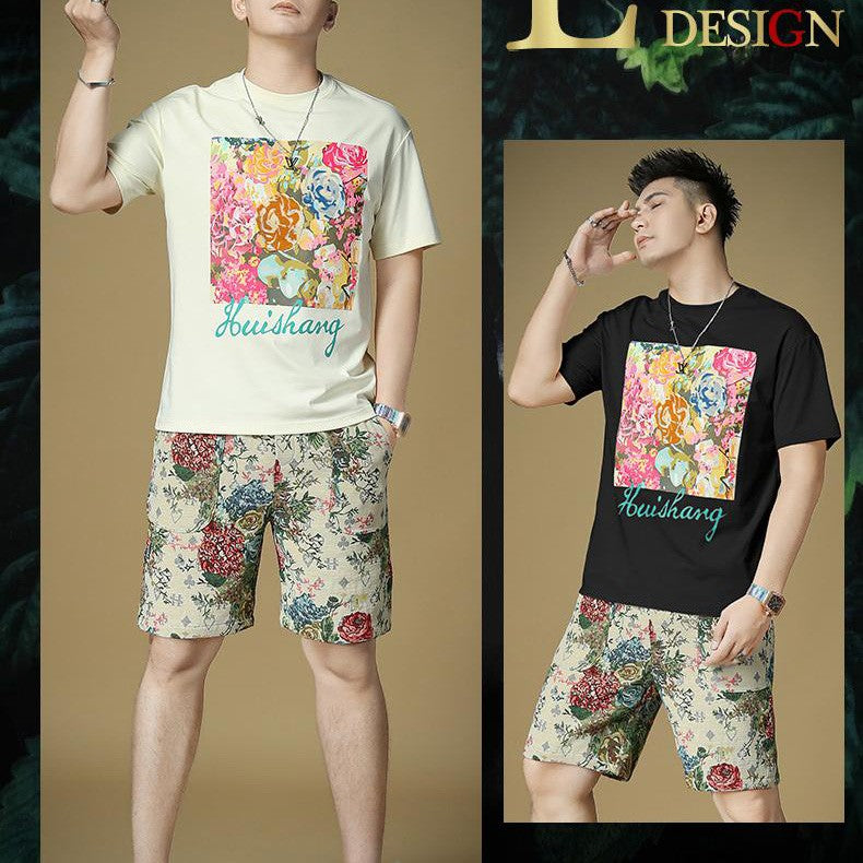 Men's Fashion Printed Shorts and Short Sleeves Suit
