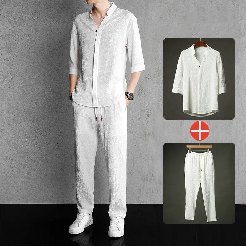sau88-Men's cotton and linen short-sleeved T-shirt casual sports suit