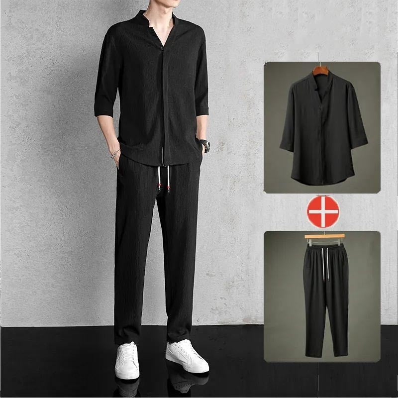 sau88-Men's cotton and linen short-sleeved T-shirt casual sports suit
