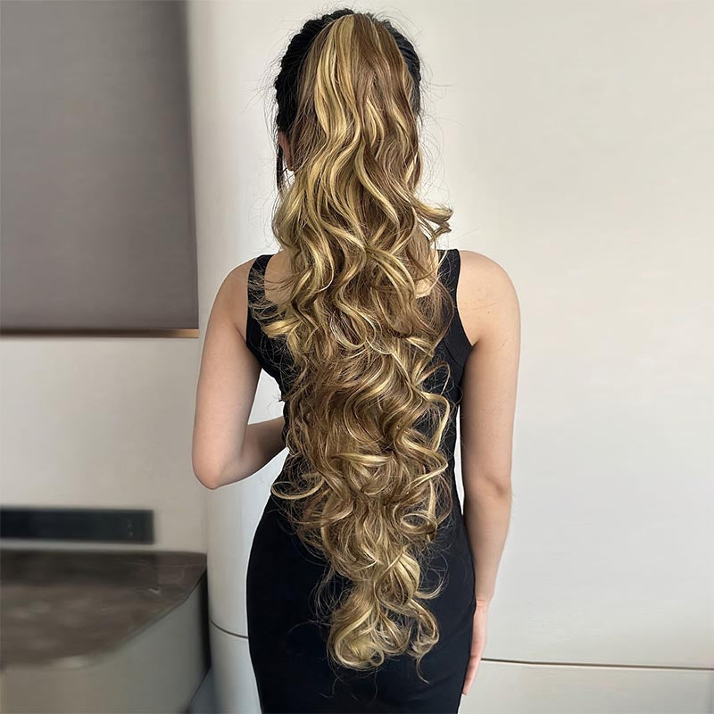 ht282-Women's long curly hair with big waves and ponytail