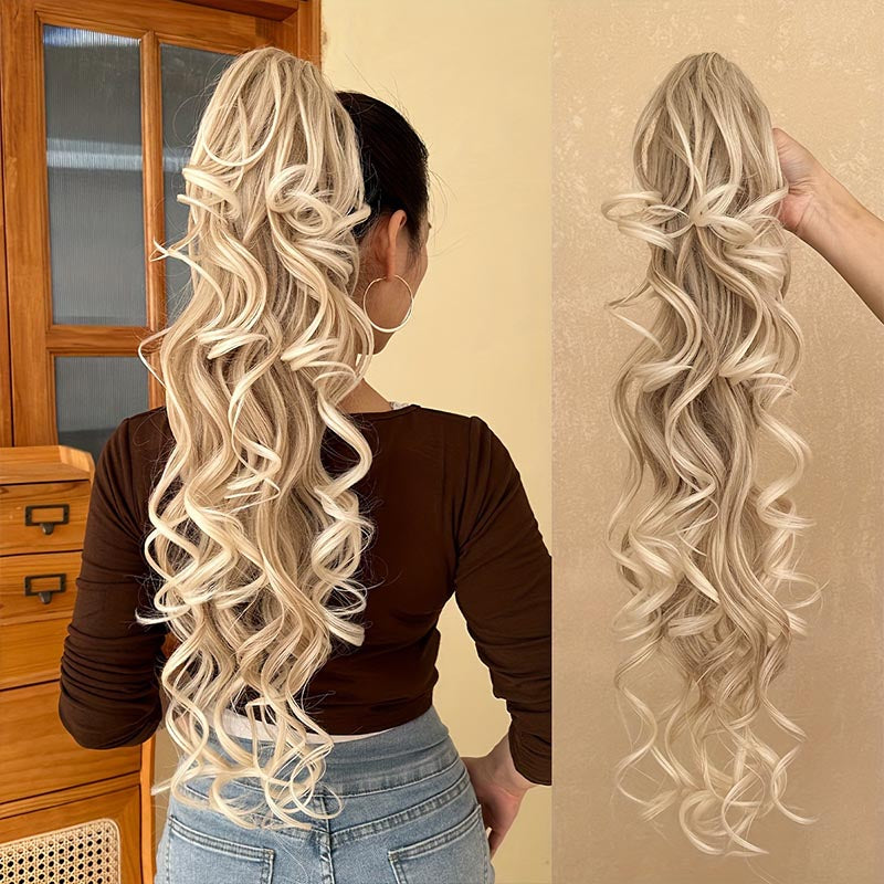 ht282-Women's long curly hair with big waves and ponytail