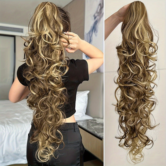 ht282-Women's long curly hair with big waves and ponytail