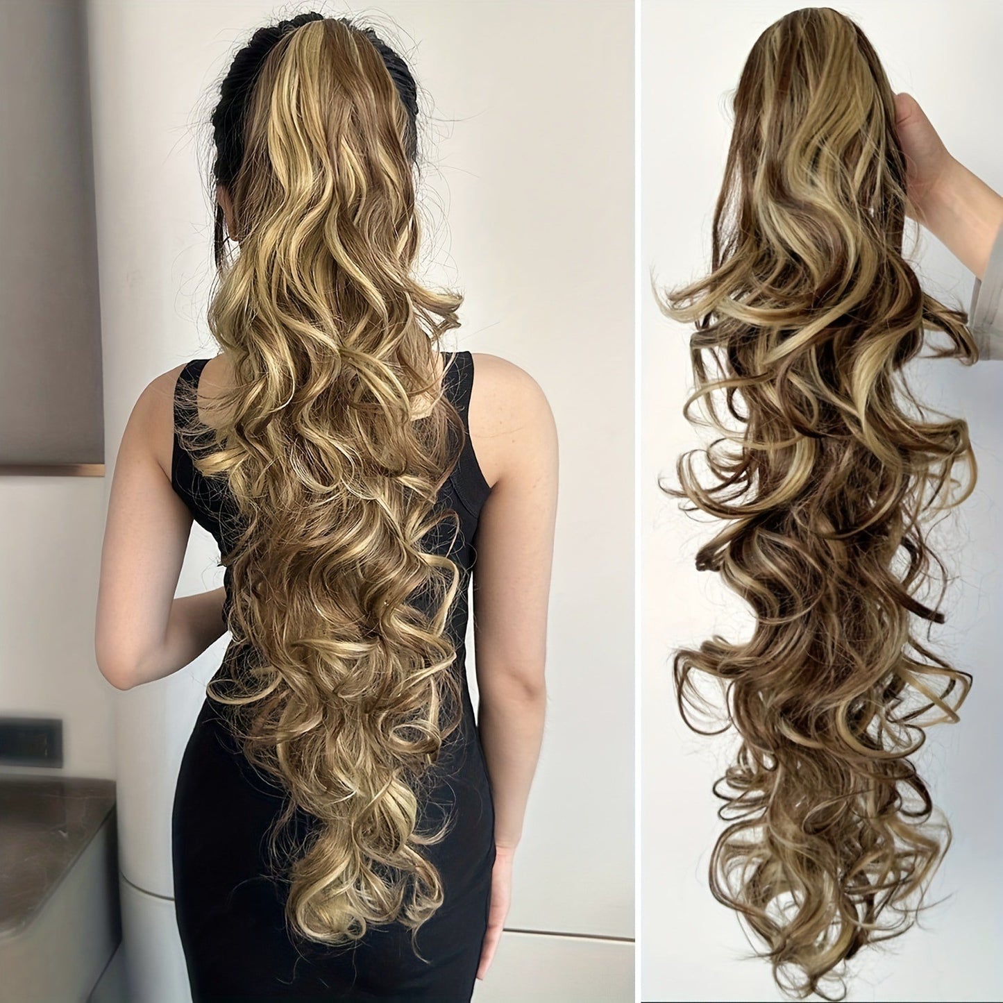 ht282-Women's long curly hair with big waves and ponytail